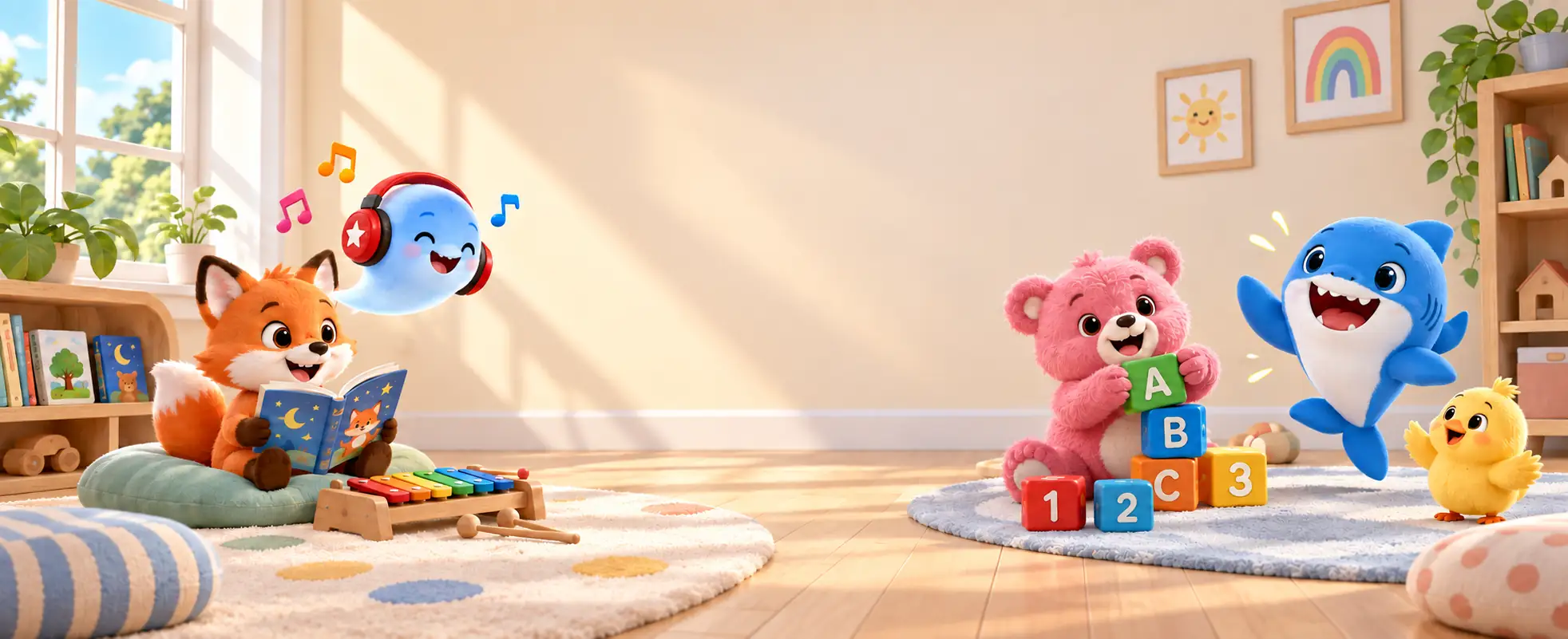 A sunny playroom with a reading fox, a musical cloud, a pink bear, a blue shark and a little chick